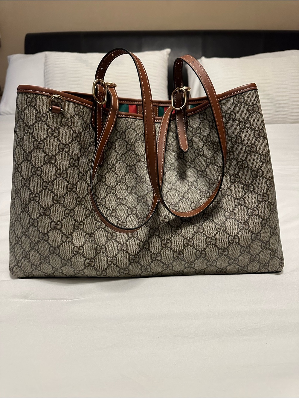 Gucci Beige Monogram Tote with Brown Leather Straps and Red-Green Interior - Picture 2 of 4